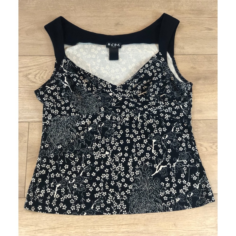 90s y2k Babydoll Cami Blouse Black White Floral Babydoll Whimsigoth BCBG Empire‎